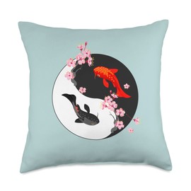 Yin Yang Koi Fish Shirt & Gifts Cherry Blossom Japanese Yin Yang Koi Fish Design Meditation Cherry Blossom Throw Pillow, 18x18, Multicolor