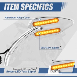 Auto Dynasty Motocycle Side Mirrors Rear View Rotary Adjustment with LED Turn Signal Handlebar Mount Universal for Naked Bike, Cruiser, Dirt Street Bike, Scooter and More, Chrome Cover, Teardrop Style