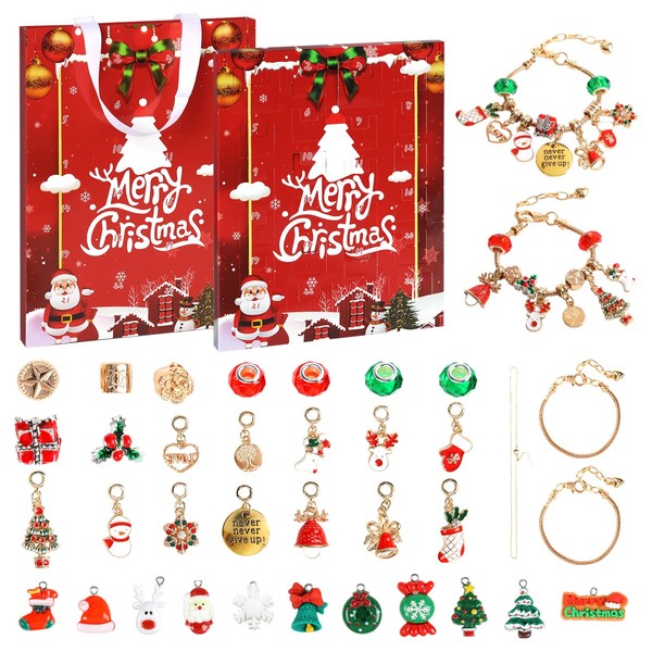 Skirfy SF2501 Christmas Advent Calendar Toy, Girls, Bracelet, Necklace, Keychain, 35-piece Set, Wrapping Wrapping, Gift Box, DIY Available, Bangle, Accessories, Beads, Christmas Gift, Gift, 24-Day Calendar, Countdown, Red