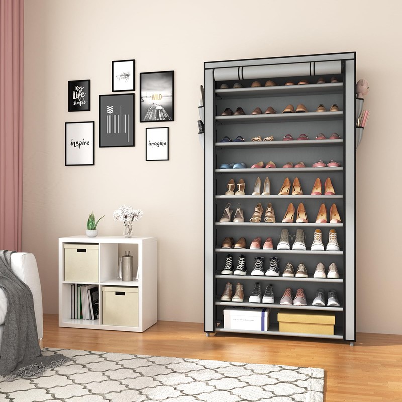 ROJASOP Shoe Rack with Covers, Stackable 10 Tier Tall Shoe