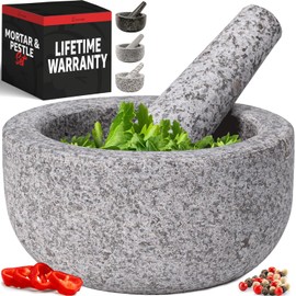Priority Chef Heavy Duty Large Mortar and Pestle Set, Hand Carved from Natural Granite, Make Fresh Guacamole, Pesto, Stone Grinder Bowl, Herb Crusher, Spice Grinder, 6.3 Inches Wide, 2 Cup - Grey