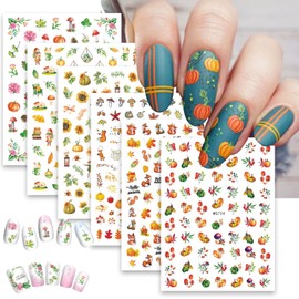 6 Sheets Fall Thanksgiving Nail Art Stickers Decals 3D Self-Adhesive Pumpkin Maple Leaf Pegatinas Uñas Autumn Nail Supplies Green Leaf Sunflower Mushroom Nail Art Design for Women Girls Manicure DIY