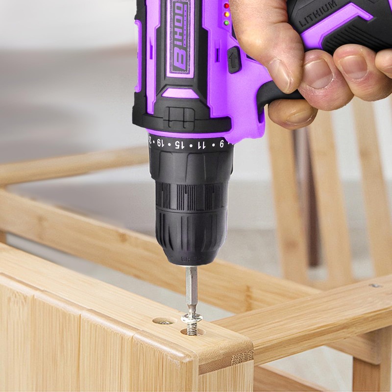 Purple 12V Cordless Drill,Electric Power Driver Kit,3/8-Inch Keyless Chuck, Variable