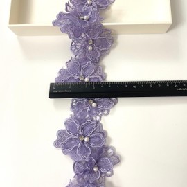 2 Yards 3D Pearl Beads Flower Lace Trim Ribbon Floral Applique Embroidered Lace Fabric for Sewing DIY Crafts (Purple)