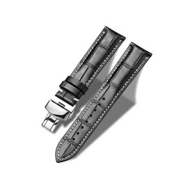 Tritonuk Genuine Leather Bracelet with Butterfly Folding Clasp 24 mm Black Waterproof Sweatproof Watch Strap for Men Women