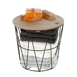 Meinposten Small Side Table Storage Basket Mini Table Basket with Lid Metal Wood Round Black Diameter 22 x Height 21 cm