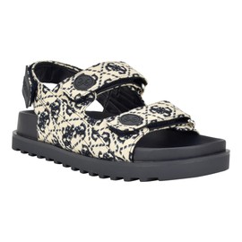 GUESS Women's FADEY Flat Sandal, Ivory/Dark Blue Logo Multi, 8