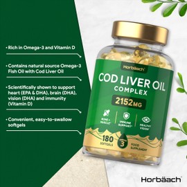 Horb?ach Cod Liver Oil Capsules High Strength 2152mg | 180 Count | Complex with Garlic and Omega 3 Fatty Acids DHA/EPA | No Artificial Preservatives | by Horbaach