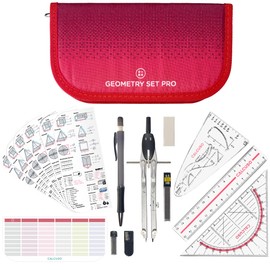 CALCUSO Geometry Set Pro in Red Pencil Case with Compass and Set Square - Perfect Mathematics Set for School, Office, University and Drawings - Ideal as a Geometry Set for Secondary School