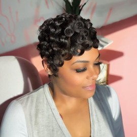RUISENNA Short Curly Pixie Wigs for Black Women Pixie Cut Wig Human Hair Natural Black Color Glueless Short Layered Pixie Wig Chic Elegent Full Machine Made
