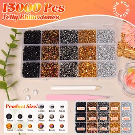 15000Pcs Color Rhinestones for Bedazzling, Jelly Bedazzling Resin Gems 3-5mm, Gold Silver Black Tan Brown Gems Bedazzling Kit for Crafting, Flatback Gems for Nails Face Makeup Crafts Tumblers