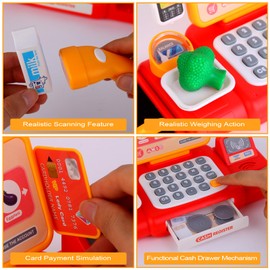 CEMIRK Cash Register for Kids – Toy Till with Scanner, Play Money & Food Accessories, Kids Till for Pretend Play & Learning, for 3+ Year Old Boys & Girls