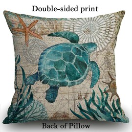 Smooffly Throw Pillow Case Vintage Nautical Sea Turtles Starfish Old Map Cushion Cover 18x18 inch Linen Square Throw Pillow Cover for Living Room Sofa Couch Bed Pillowcase 45cm x 45cm