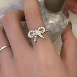 Yheakne Vintage Tiny Bow Ring Silver Bow Tie Ribbon Ring Open Twisted Rope Rings Adjustable Bowknot Finger Rings Jewelry for Women