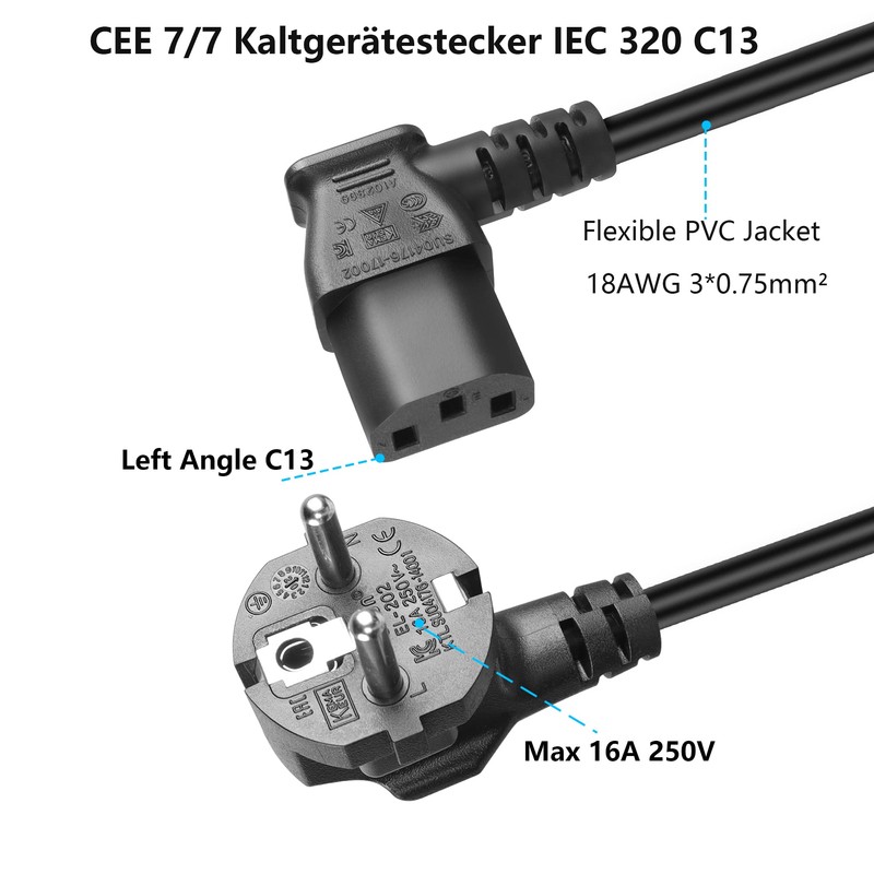 GELRHONR 1.5 m 3-pin IEC cable, 90 degree CEE 7/7