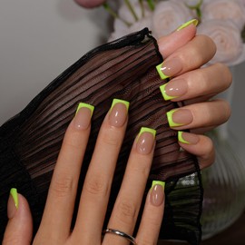 KQueenest Neon Green French Tip Press On Nails Short Square, 30 Pcs Acrylic Press On Nails With Glue, Natural Nude Short Fake Nails Press ons, Reusable Glossy Soft Gel Glue on Nails for Women Summer