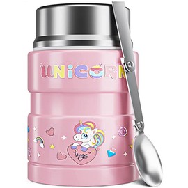 Charcy 17 Ounce Kids Thermos for Hot Food - Soup Thermos with Folding Spoon - Insulated Food Jar for Hot & Cold Food - Unicorn - Pink