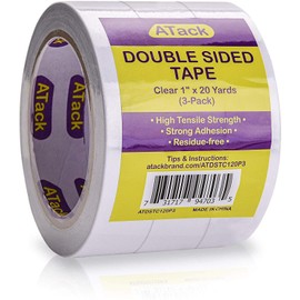 ATack Clear Double-Sided Tape, 1 Inch x 20 Yards (3-Pack), Tear by Hand, Wall Safe Heavy Duty Double Sides Self Sticky Wall Fabric Tape for Wood Templates, Furniture, Leather, Curtains and Craft