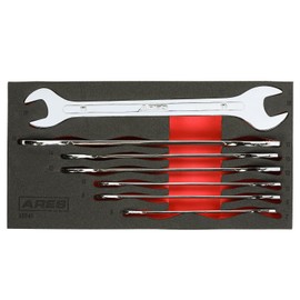 ARES 33041 - Juego de 7 llaves métricas ultrafinas de doble extremo abierto, tamaños 6-19 mm, construcción de acero al cromo vanadio con acabado chapado en cromo pulido de espejo, bandeja de almacenamiento de espuma EVA