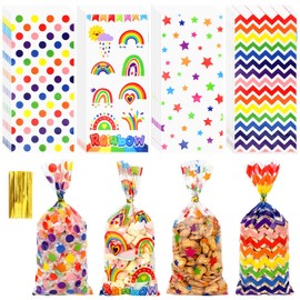 Rainbow Cellophane Treat Bags, 5x11 Inch Colorful Plastic Gift Bags 100 Pcs Star Polka Dot Stripes Printed Candy Bag with Twist Ties Rainbow Goodie Bag for Birthday Valentine's Party Favor Supplies