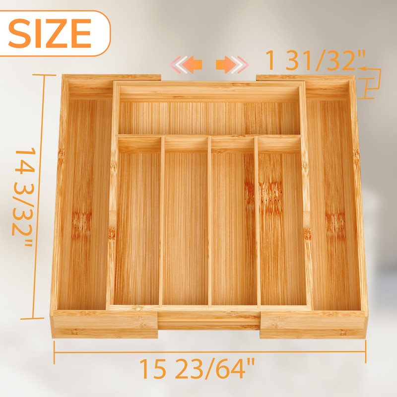 BAMEOS Bamboo Expandable Drawer Organizer, 5-7 Slots Kitchen Drawer Organizer,
