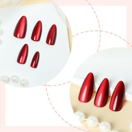 Red Press on Nails Glossy Glitter Fake Nails Almond Shaped Acrylic Nails Medium False Nails with Solid Color Designs Christmas Valentine's Day Nails Press on Stick on Nails for Women 24Pcs