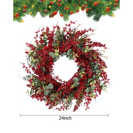 Chrisxiao Christmas Wreath, Artificial Christmas Wreaths for Front Door Decorated with Holly Berries, Hawthorn Berries Podocarpus for Indoor Outdoor Christmas Decorations 24 INCH