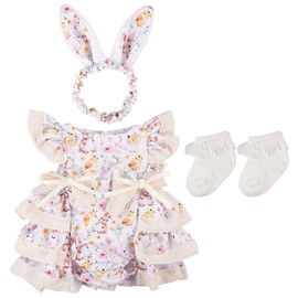 BABESIDE 4 Pcs Reborn Baby Doll Clothes Set for 17-22 Inch Babydolls, Cute Bunny Patterns Babydoll Dress Set with Socks and Headband for Lifelike Reborn Baby Dolls Accessories