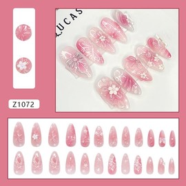 24 Pcs Bow Press on Nails Pink Flower Butterfly Acrylic Nails Designs Full Cover Glossy Gradient Stick on Nails Water Droplet False Nails Medium Almond Fake Nails for Women Manicure DIY