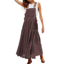 CHARTOU Women Bib Overall Dress Jumper Babydoll Pinafore Dress Embroidered Lace Maternity Straps Suspender Dress (Small, Coffee)