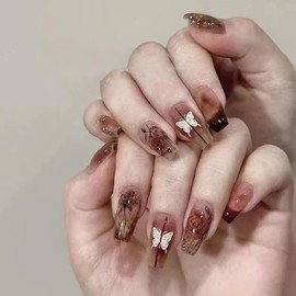 Press On Nails Almond Short Square Ballet Shaped, Cute Design Flower Bow Fake Nails, Stick On Nails,Glue on Nails on 24PCS (Brown White Butterfly)