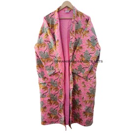 Pranipat Handicrafts Ethnic Women Jacket Kantha Evening Wear Lightweight Jacket Front Open Midi Cotton Hippie Christmas Wear (US, Alpha, One Size, Baby Pink)