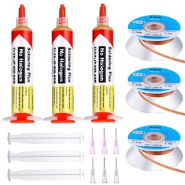 Blulu 6 Pcs 10ml 8341 No Clean Solder Flux Paste and Wicks Tacky Soldering Flux with Plunger and Dispensing Tip 1.5 Meter Length Solder Wick Braid for Electronics