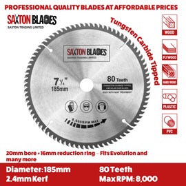 TCT18580T20B TCT Circular Saw Blade 185mm x 80T x 20mm Bore (16mm ring) fits Evolution Bosch Makita etc