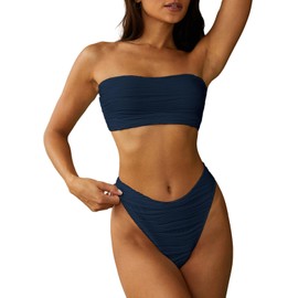 ZAFUL Women Strapless Textured Bandeau Bikini 2 Piece Swimwear Cheeky Solid Lace up Bathing Suits(1-m Navy Blue,S)