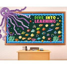 93PCS Ocean Bulletin Board Decoration DIY Under The Sea Octopus Animal Cutouts for Kids Summer Ocean Fish Classroom Decor Dive Into Learning Bulletin Board Set for Party Decor School Supplies