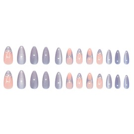Hkanlre Almond French Fake Nails Tips Purple Full Cover False Bling Nails Medium Bow Press on Nails for Women 24PCS