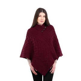 ARAN ISLE Ladies Poncho 100% Virgin Wool Aran Cable Knit Shawl Neck with Buttons Sweater (US, Alpha, Small, Medium, Regular, Regular, Wine)