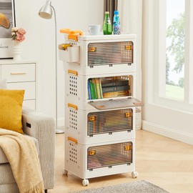 44 Qt Foldable Stackable Heavy Duty Storage Bins with Lids & Doors, 4 Tier Storage Organizer Bins, Storage Box, Storage Containers for Bedroom, Living Room, Study Office Organization and Storage