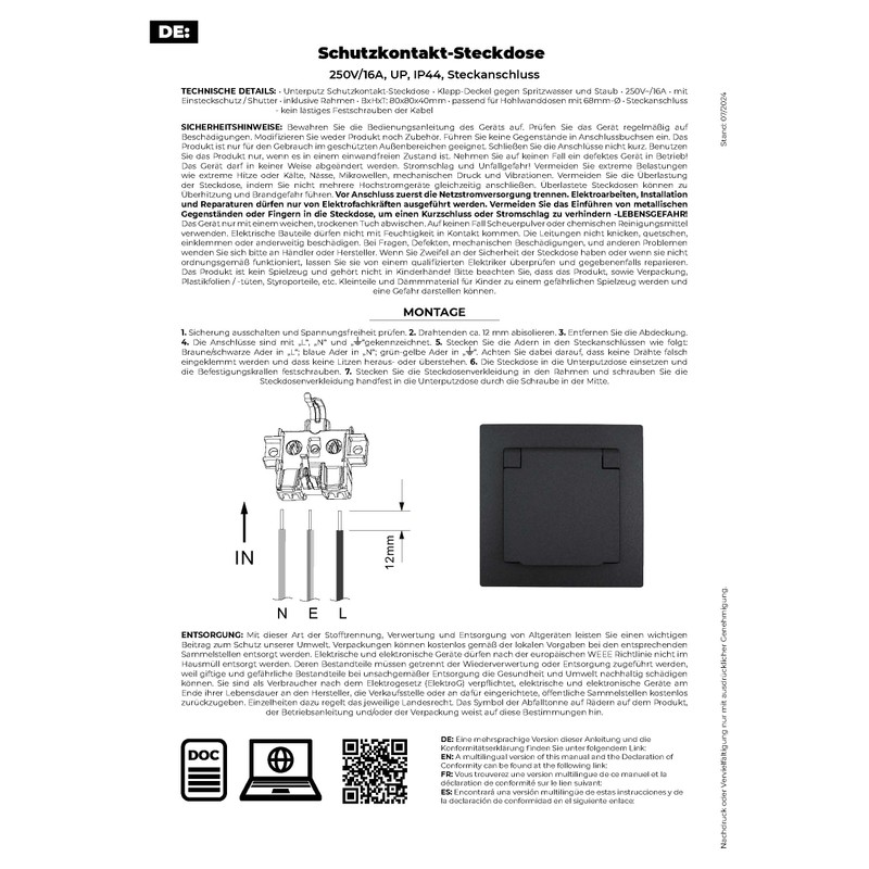 ET-1 Series Flush-Mounted Socket IP44, Plug-In Terminal, All-in-One, Pack of