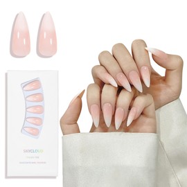 SKYCLOUD Press On Nails French Almonds Fake Nails Tip With ABS Natural Soft Gel,24 Pcs Nail Kit Cover Artificial Glossy Reusable Stick On False Nails For Women and Girls（Long Almond Gradient ）SK0713