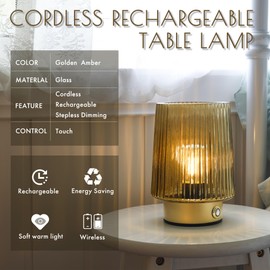 ULAROOM Cordless Lamp Rechargeable Battery Operated lamp, Glass Small Table lamp - Portable Dimmable Brightness Touch Wireless Bedside Lamp for Bedroom Kitchen Dining Home Living Room Decor Yellow