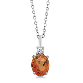 Gem Stone King 925 Sterling Silver Twilight Orange Mystic Quartz and White Topaz Pendant Necklace For Women (2.38 Cttw, Gemstone Birthstone, Oval 9X7MM, with 18 Inch Silver Chain)