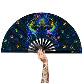 Raveahem Large Folding Fan, 13 Inch Clack Rave Fan Hand Held Fan for Women Men with Premium Satin Fabric, Thick Bamboo Frame for EDM, Music Festival, Party, Dance, Decoration, Gift (Alien Cosmos)