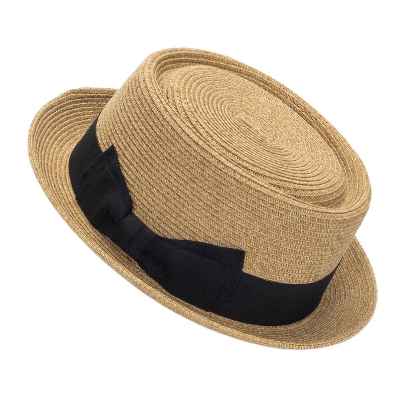 Pork-Pie-Hat-for-Men-Women Straw-Boater-Hat - Classic Boater Derby Sun Hats with Grosgrain