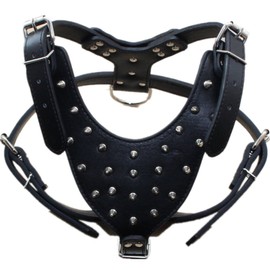 haoyueer Leather Spiked Studded Medium & Large Dog Collars, Harnesses 2Pcs Matching Set for Pit Bull,Mastiff, Boxer, Bull Terrier