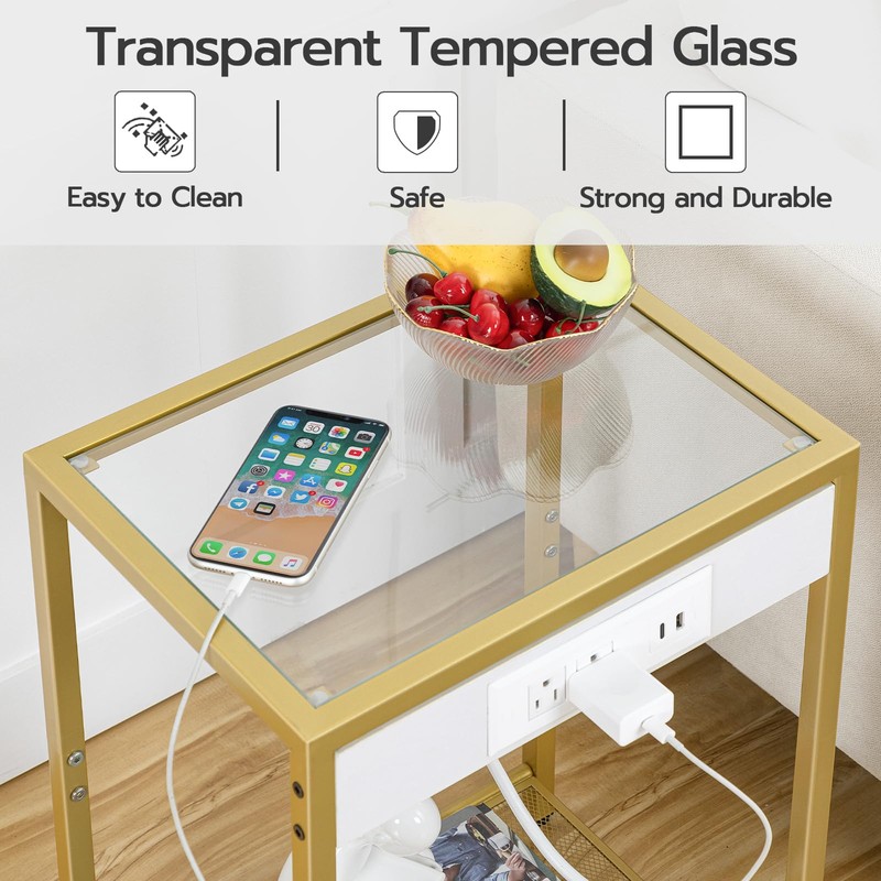 HOOBRO Side Table with Charging Station, End Table with USB