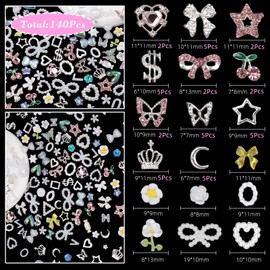 140Pcs White Nail Charms and Gems, Silver Star Moon Bow Crown Dollar Alloy Nail Rhinestones+3D Heart Bow Flower Candy Bear Butterfly Acrylic Pearls Charms for Nail Design DIY Craft