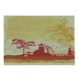 Ambesonne Asian Cutting Board, Building in Floral Environment with Other Elements, Decorative Tempered Glass Cutting and Serving Board, Large Size, Orange Pink