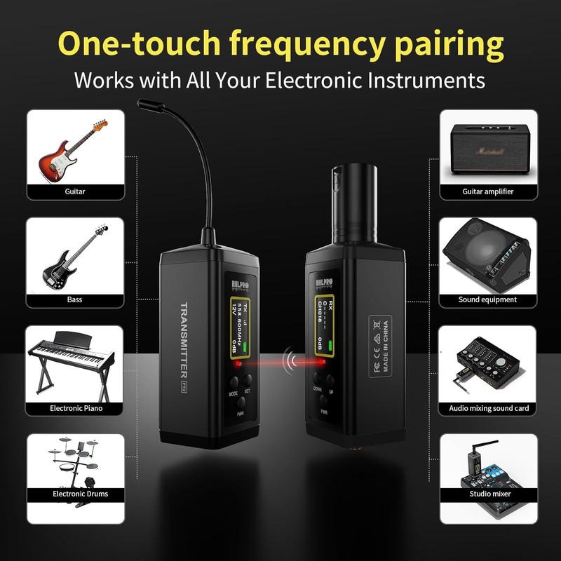 UHF Wireless Guitar System with Antenna,260FT Range,32 Channels,Dual Volume Control,Rechargeable